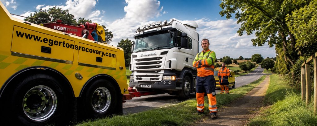 Egertons recovery technician beside a yellow heavy recovery truck and an HGV.