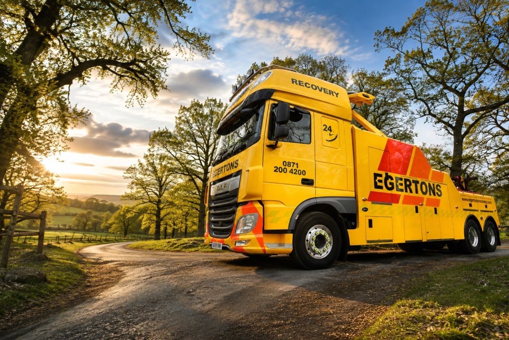 Yellow Egertons heavy recovery truck on a country lane at sunset.