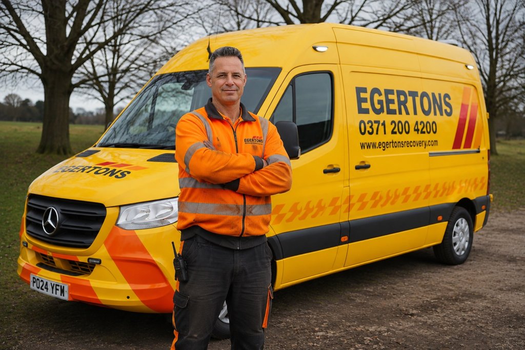 Egertons technician in orange workwear standing in front of a yellow Egertons service van.