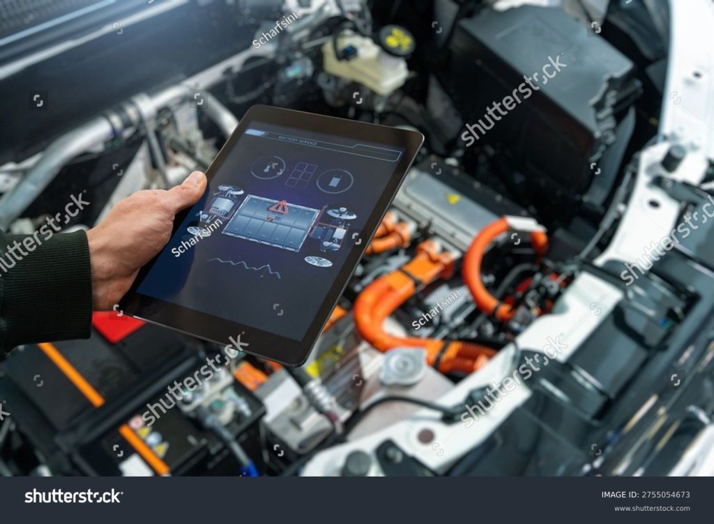 Technician running diagnostics on an electric vehicle with a tablet.